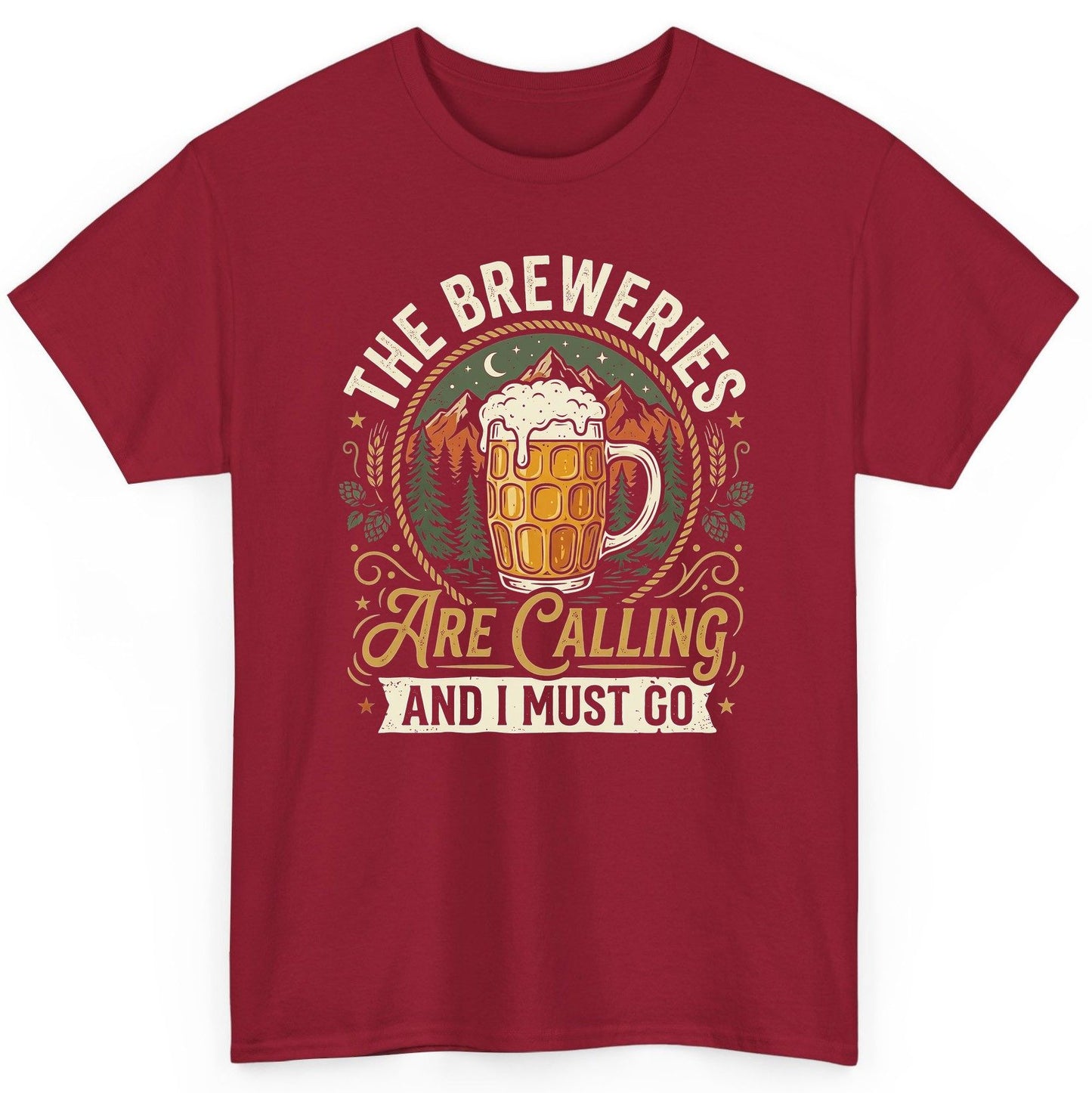 The Breweries Are Calling and I Must Go Funny Craft Beer T-Shirt - product mockup - Cardinal Red