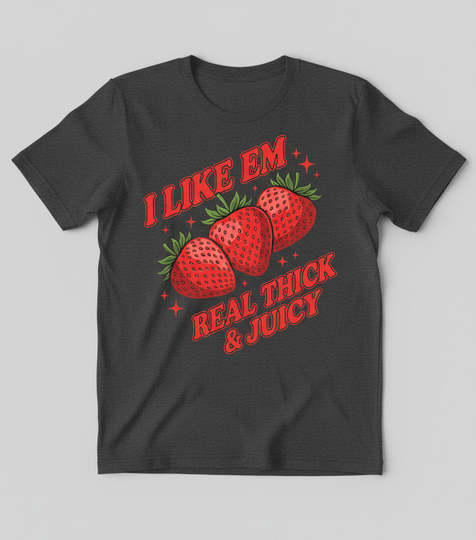 I Like Em Real Thick & Juicy Strawberries Funny Retro Design T-Shirt - Dark Heather