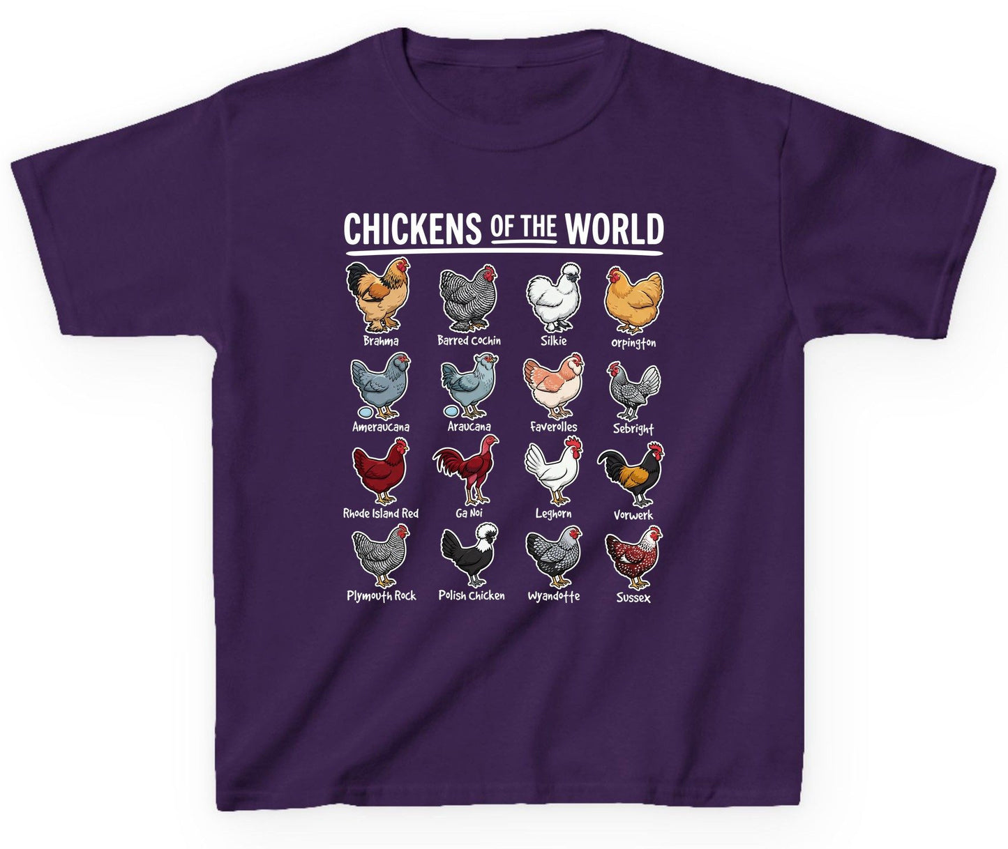Chickens of the World chicken breeds Youth T-Shirt Purple product mockup
