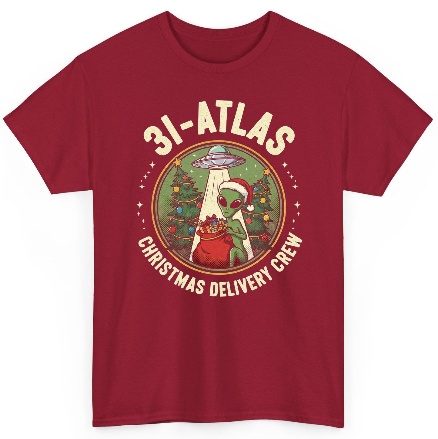 31-Atlas Christmas Delivery Crew alien Christmas T-Shirt Cardinal Red product mockup