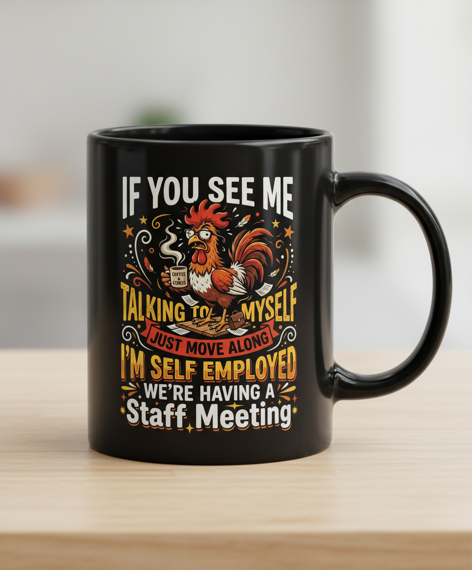 Funny Self-Employed Staff Meeting Rooster Design Black Mug - Black