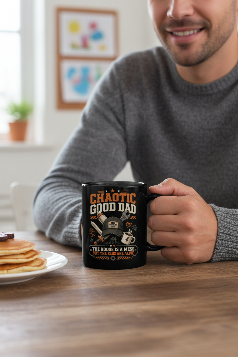 Chaotic Good Dad. The House Is A Mess But The Kids Are Alive. Funny Chaotic Good Dad Black Mug - lifestyle model mockup - Black