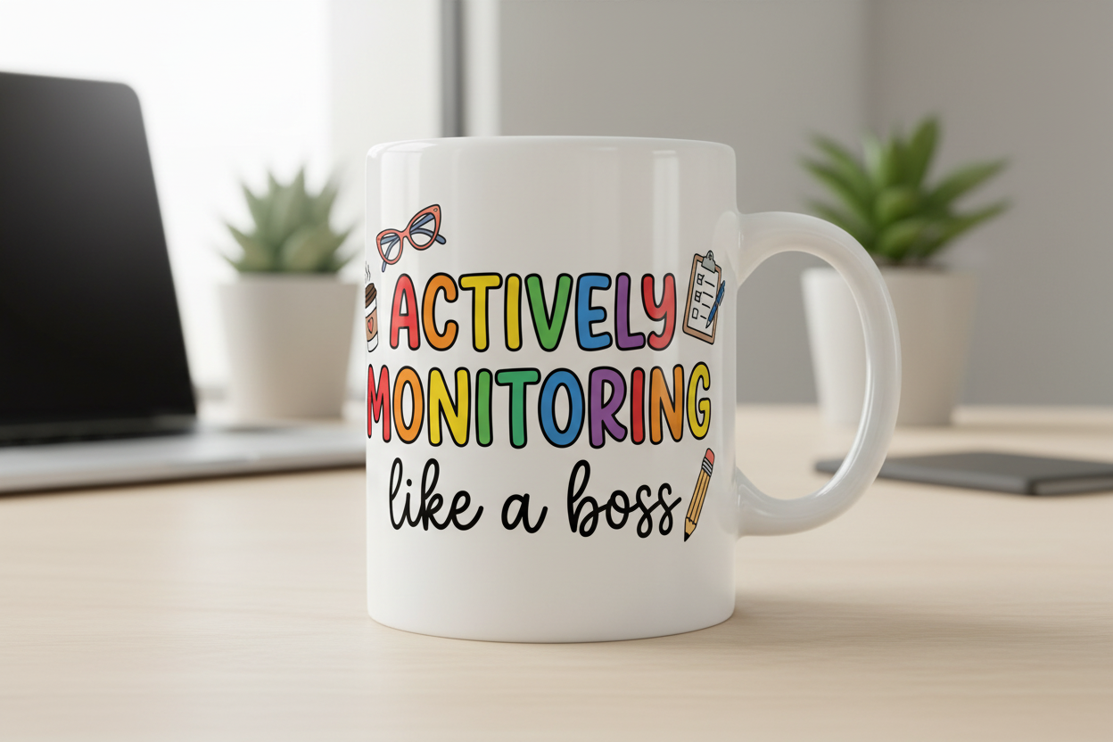 Actively Monitoring Teacher Rainbow Text Design White Mug - White