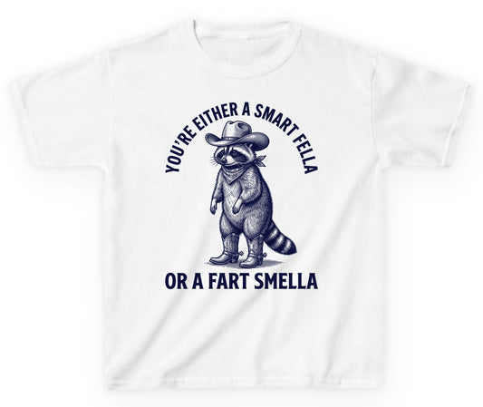 You're Either a Smart Fella or a Fart Smella cowboy raccoon Youth T-Shirt White product mockup
