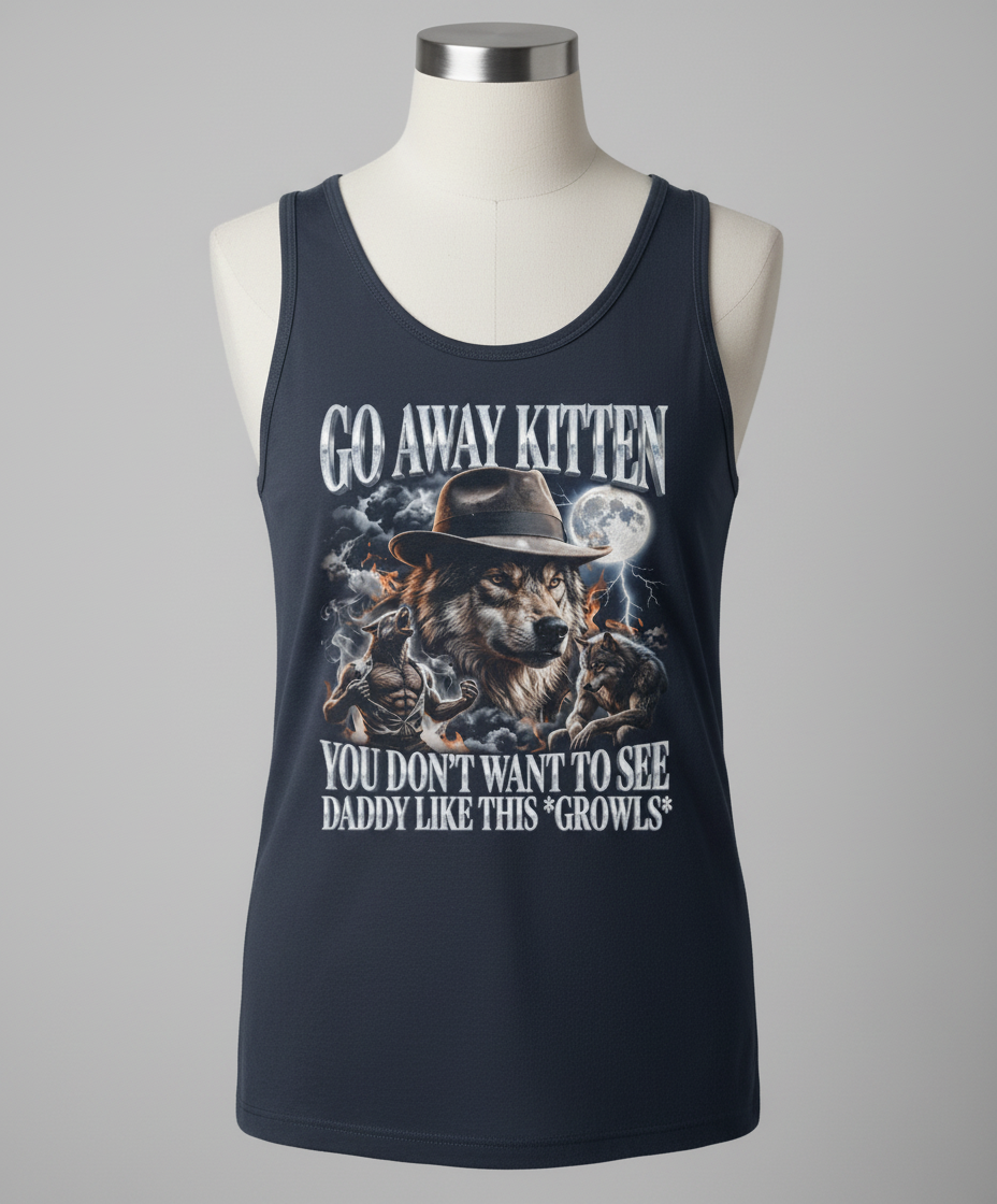 Go Away Kitten Daddy Wolf Growls Meme Tank Top - Navy