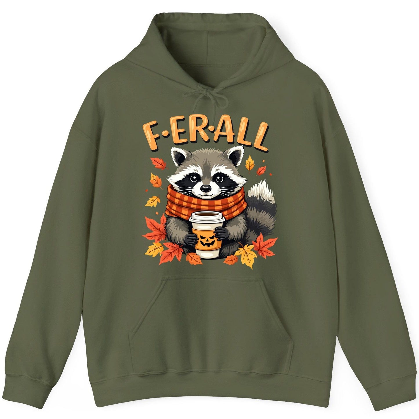 F ER All raccoon Hoodie Military Green product mockup