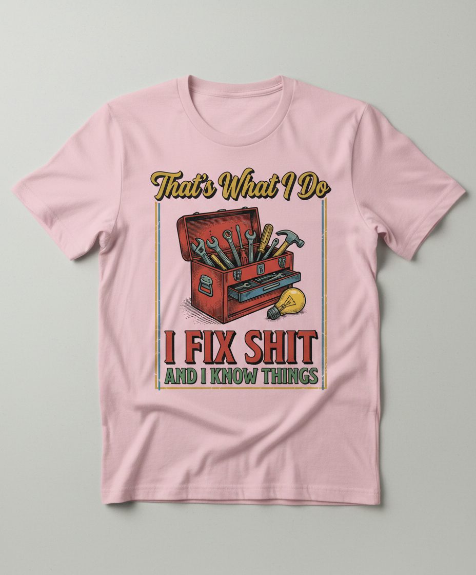 That's What I Do I Fix Shit and I Know Things Funny Handyman T-Shirt - product mockup - Light Pink