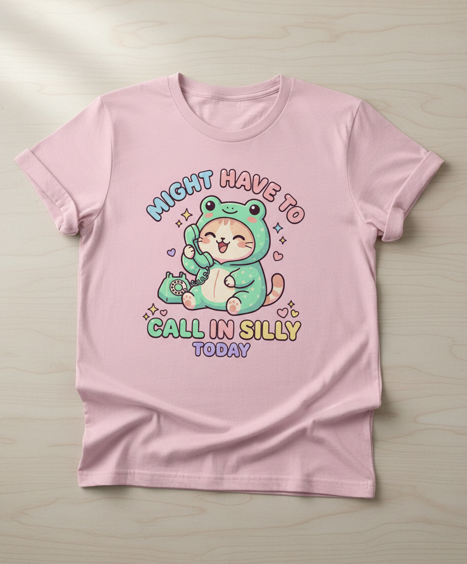 Kawaii Cat in Frog Costume Might Have To Call In Silly Today T-Shirt - Light Pink