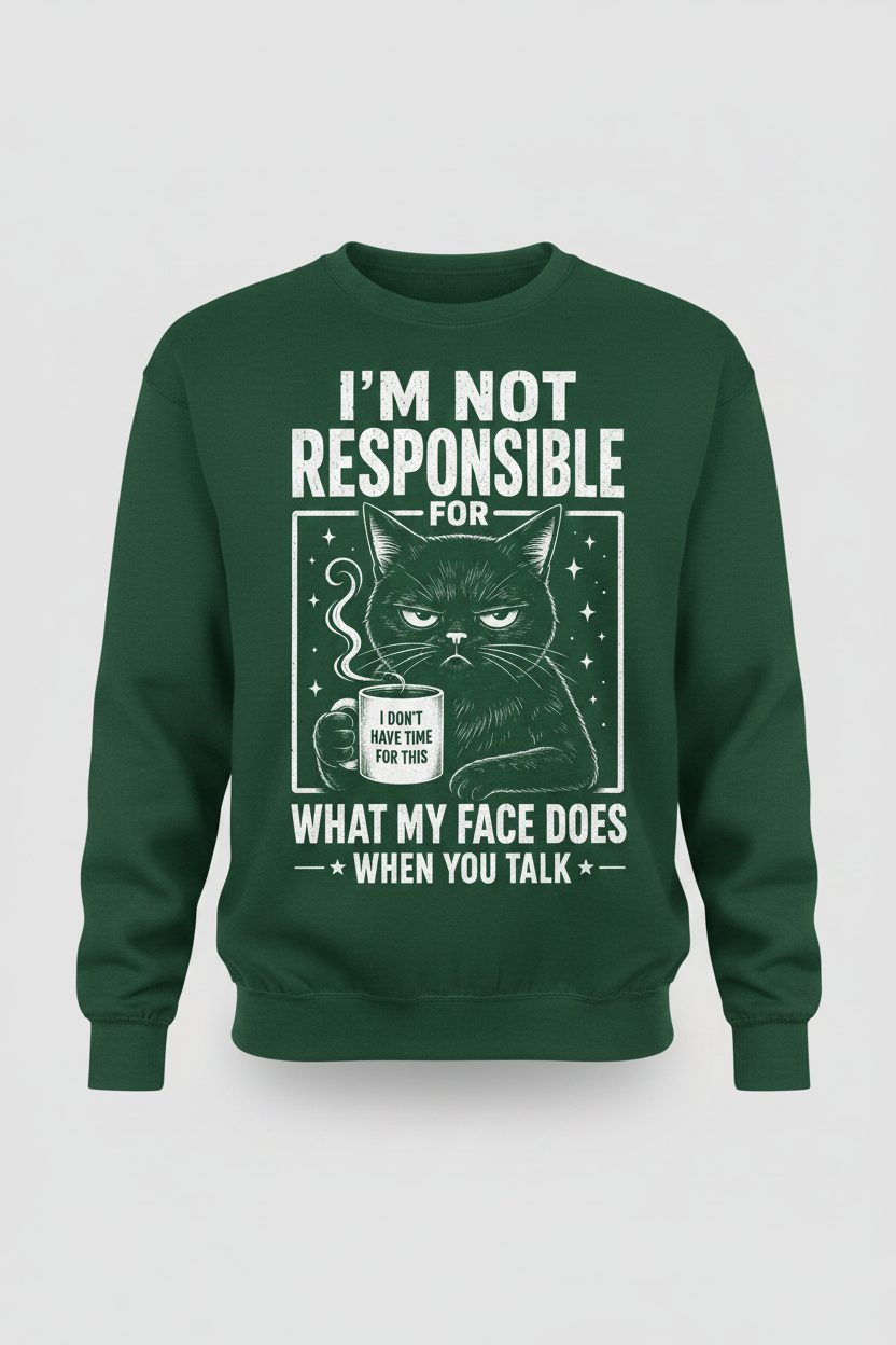 I'm Not Responsible for What My Face Does When You Talk Funny Sarcastic Cat Sweatshirt - product mockup - Forest Green