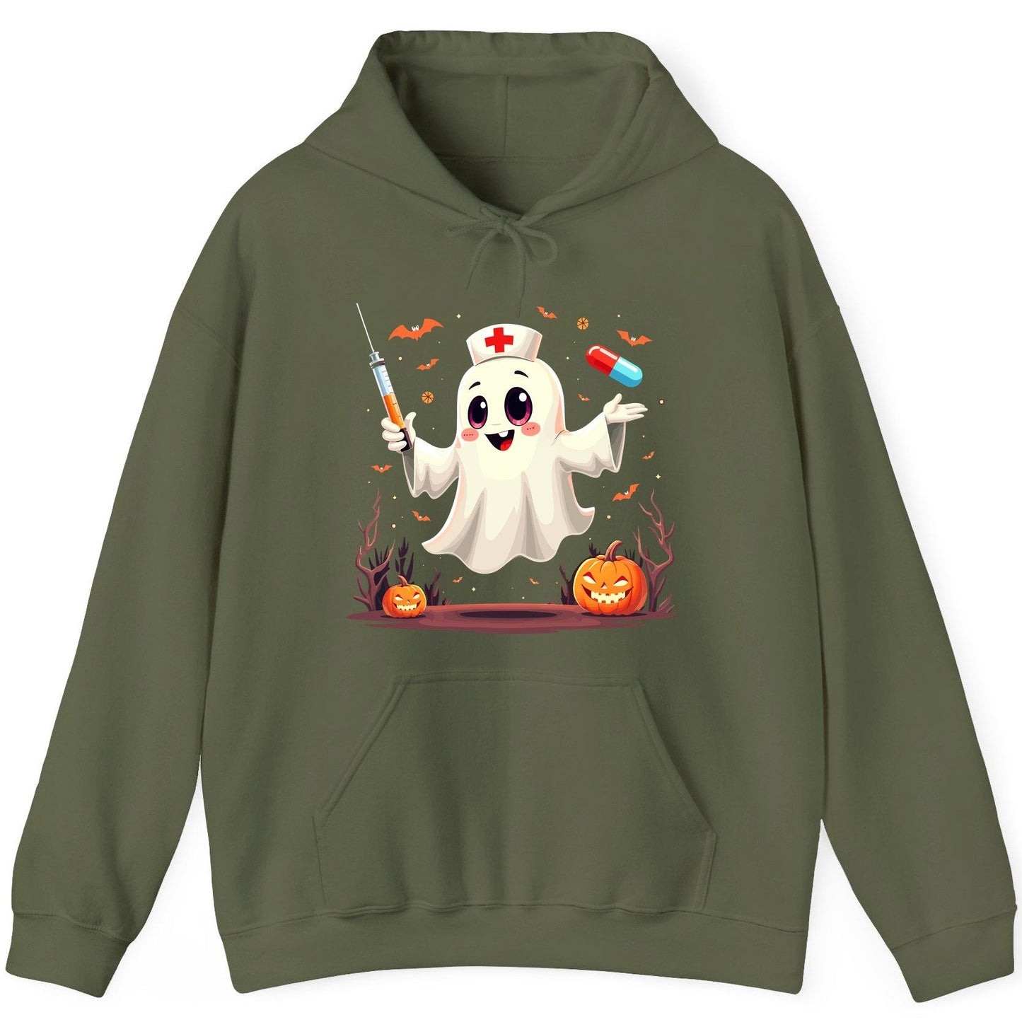 Cute Ghost Nurse Halloween ghost nurse Hoodie Military Green product mockup