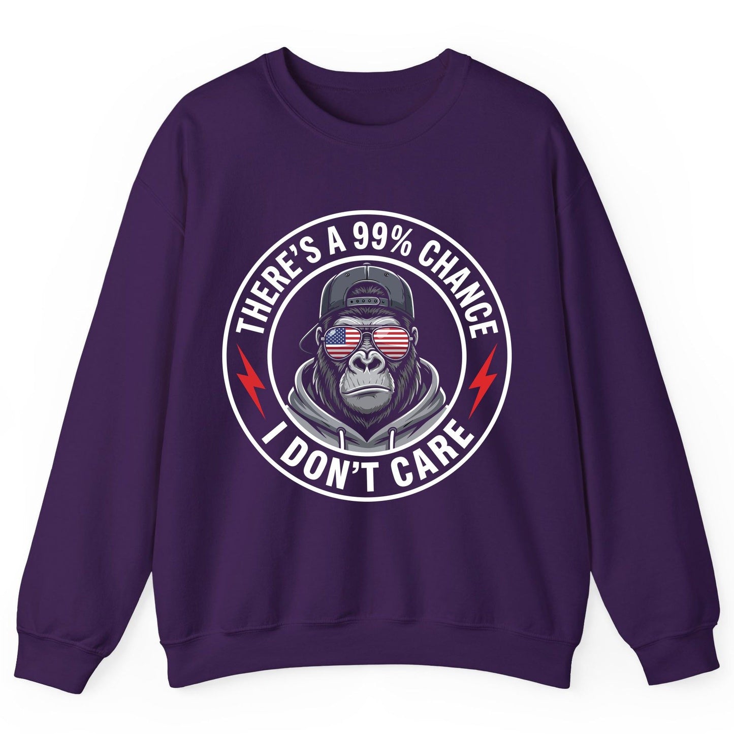 There's a 99% Chance I Don't Care sarcastic gorilla Sweatshirt Purple product mockup