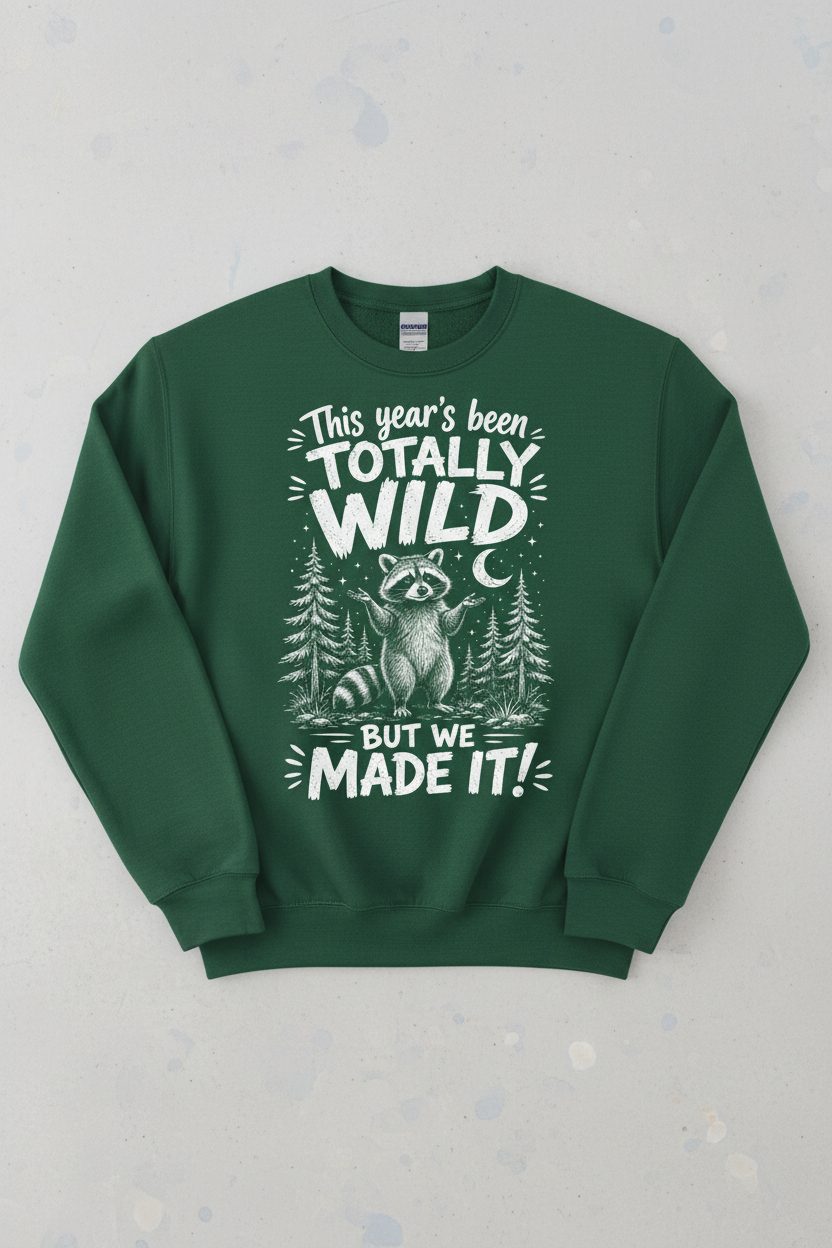 Totally Wild Year Raccoon Funny People Sense of Humor Sweatshirt - product mockup - Forest Green