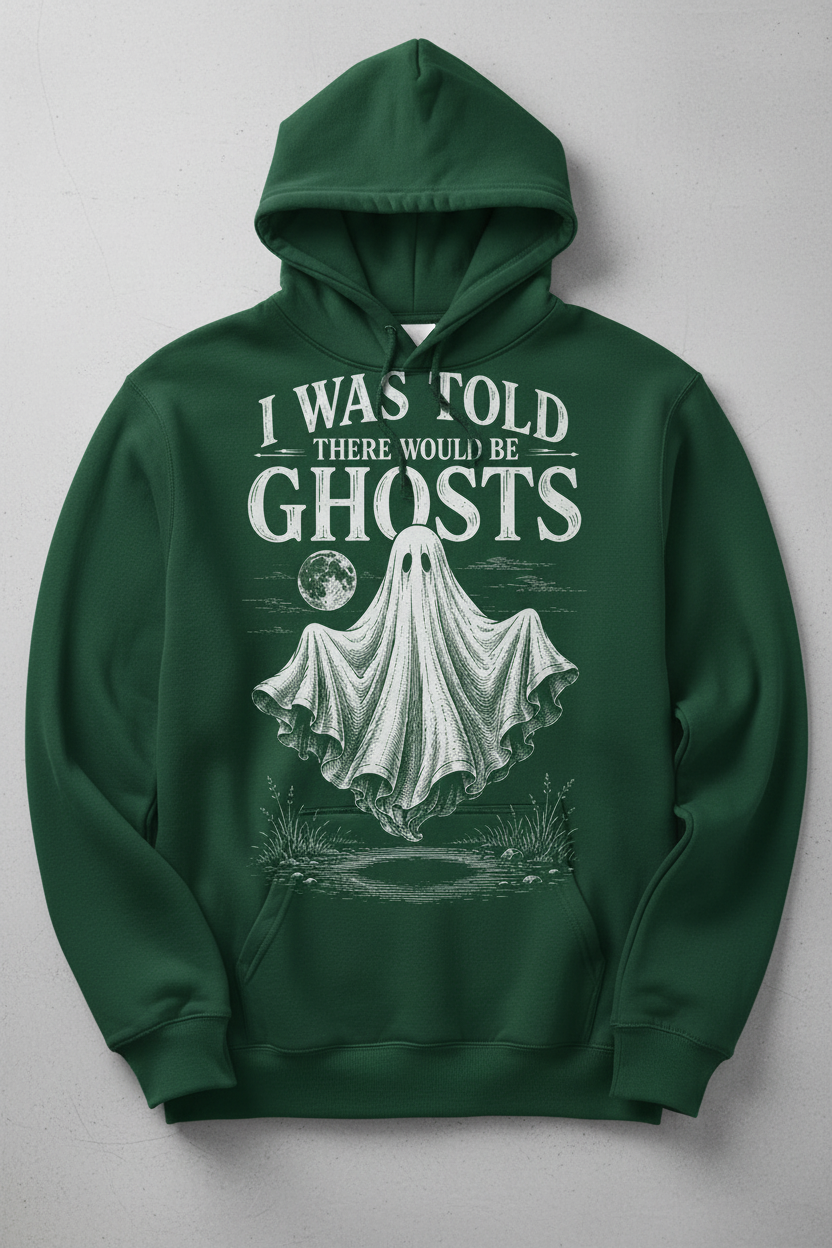 Funny I Was Told There Would Be Ghosts Hoodie - product mockup - Forest Green