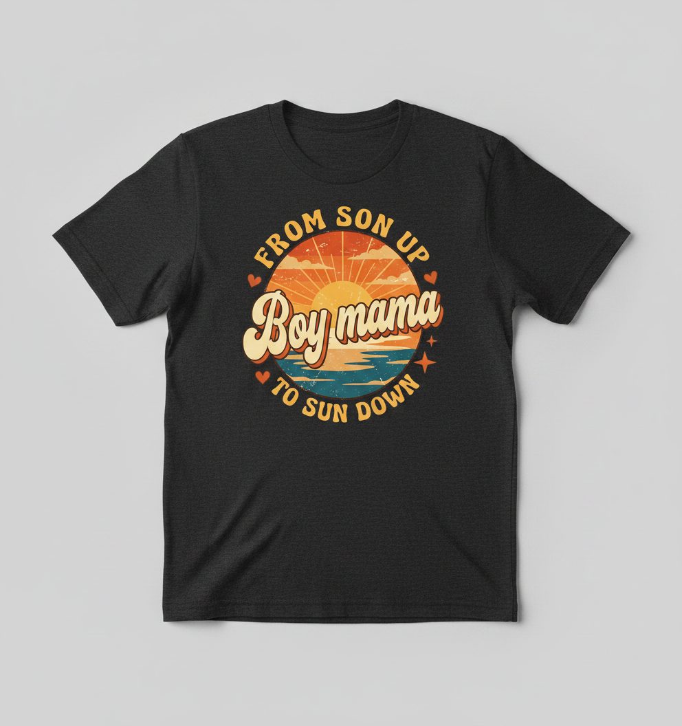 From Son Up to Sun Down Boy Mama Retro Mothers of Sons T-Shirt - product mockup - Dark Heather