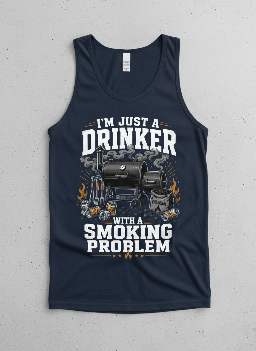 I'M JUST A DRINKER WITH A SMOKING PROBLEM Funny Drinker With A Smoking Problem BBQ Tank Top - product mockup - Navy