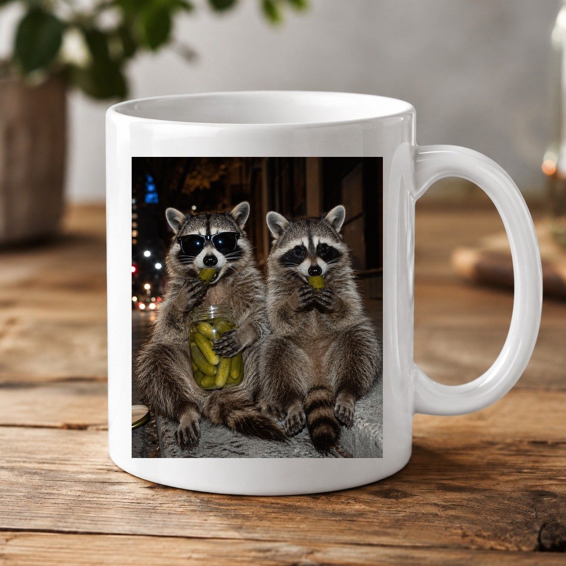 Raccoons Eating Pickles Funny Animal Lovers White Mug - product mockup - White
