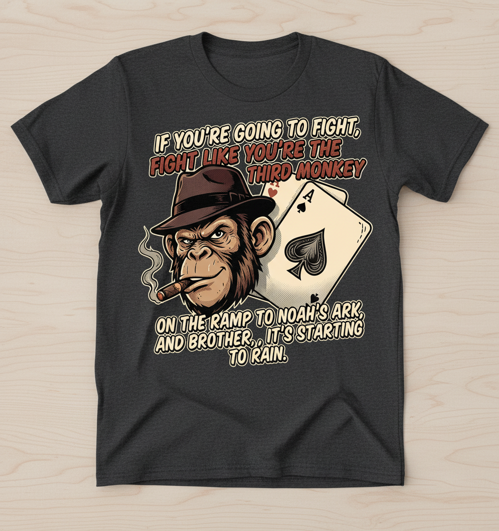 Third Monkey on Noah's Ark Fighting Quote T-Shirt - Dark Heather