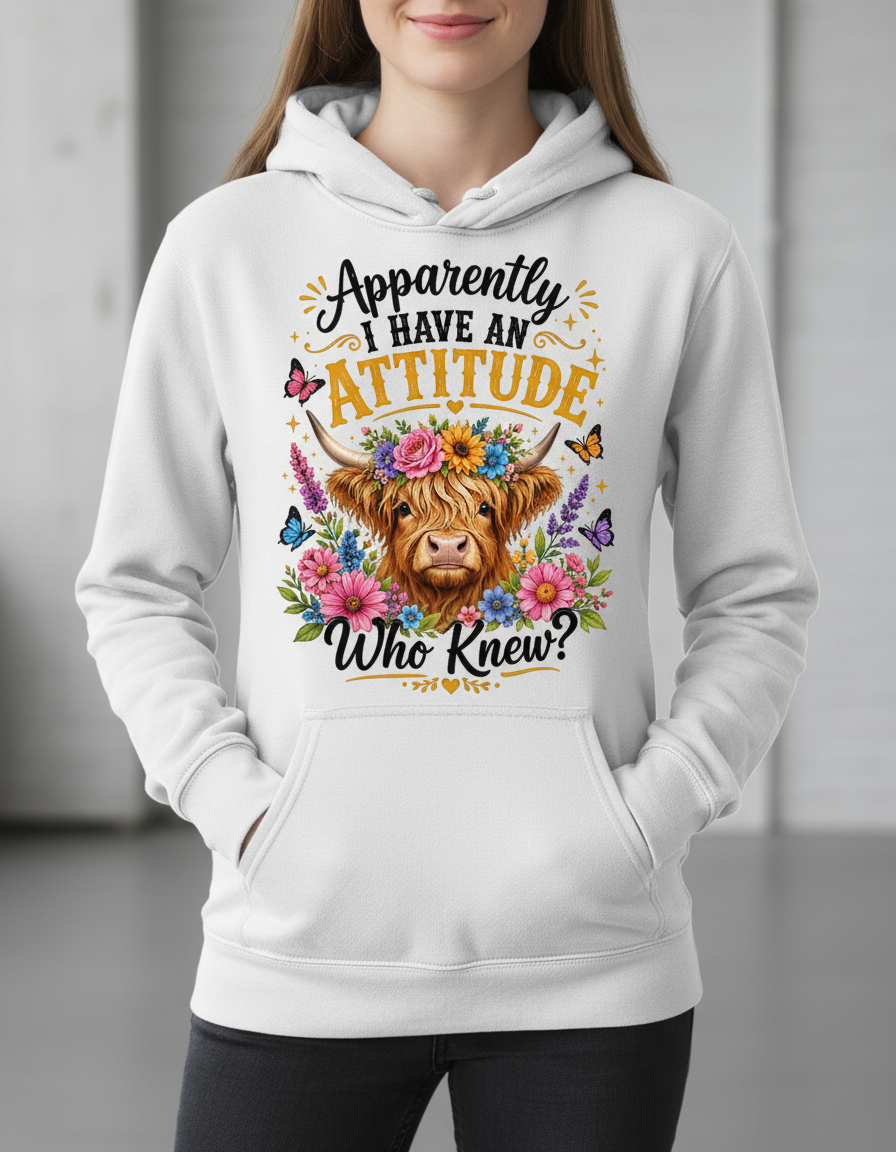 Apparently I Have An Attitude Highland Cow Hoodie - White