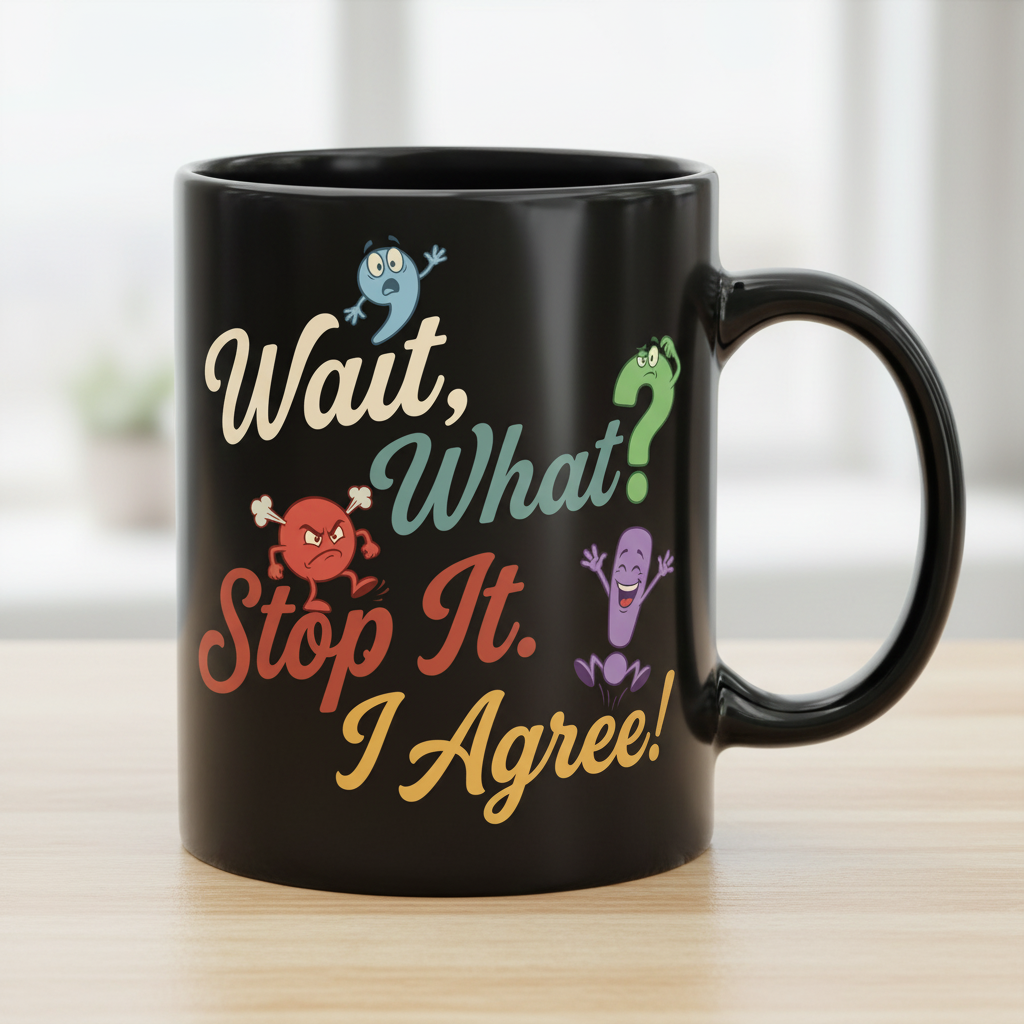 Wait What Stop It I Agree Funny Punctuation Humor Black Mug - Black