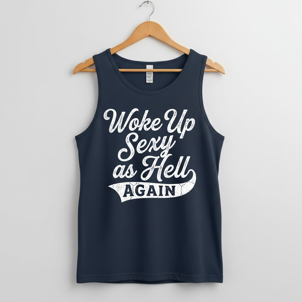 Woke Up Sexy As Hell Again Funny Sarcastic Quote Tank Top - Navy
