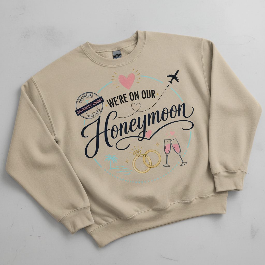 Our Greatest Journey Honeymoon Newlyweds Sweatshirt - product mockup - Sand