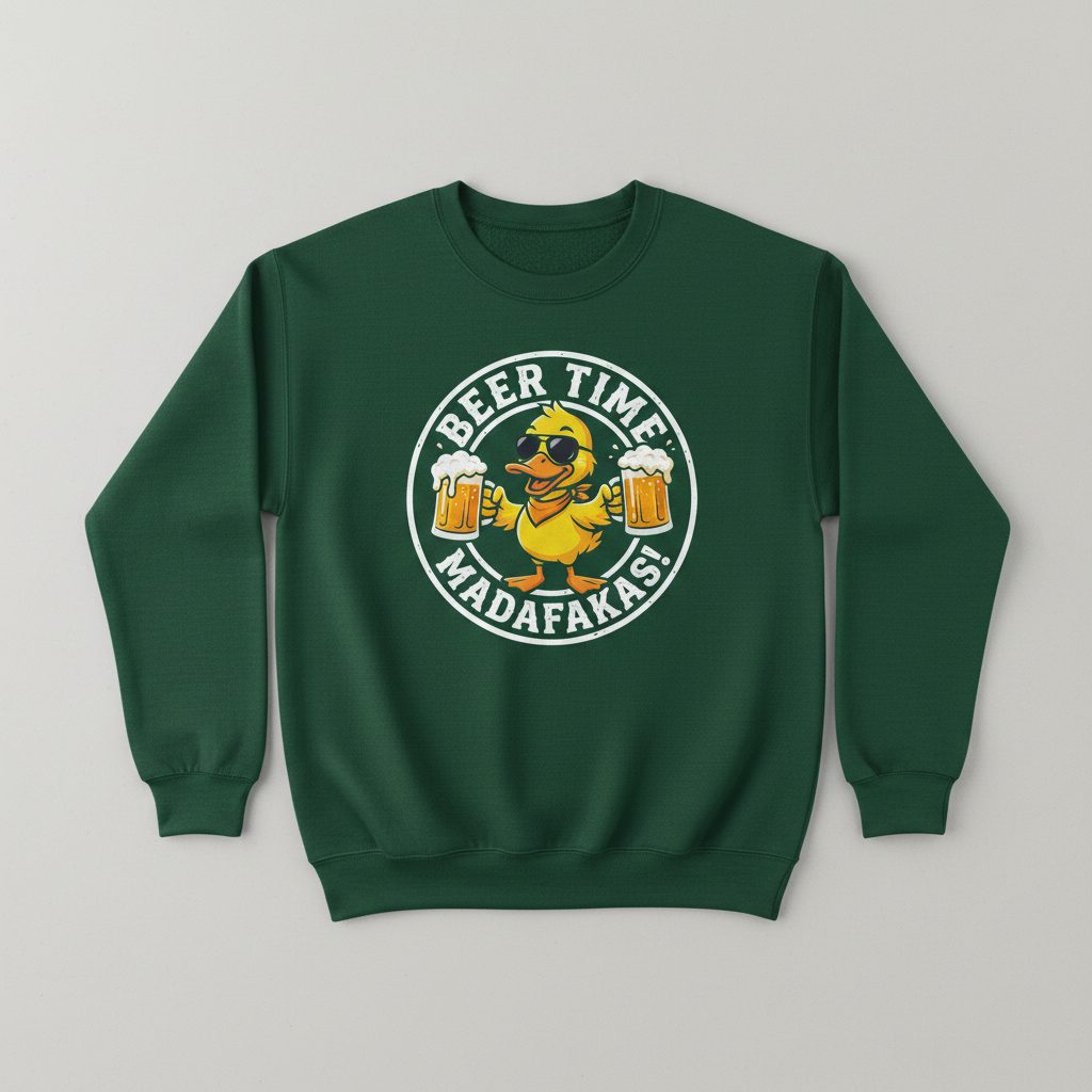 BEER TIME MADAFFAKAS! Funny Duck drinking beer Beer Time Madafakas Duck Sweatshirt - product mockup - Forest Green