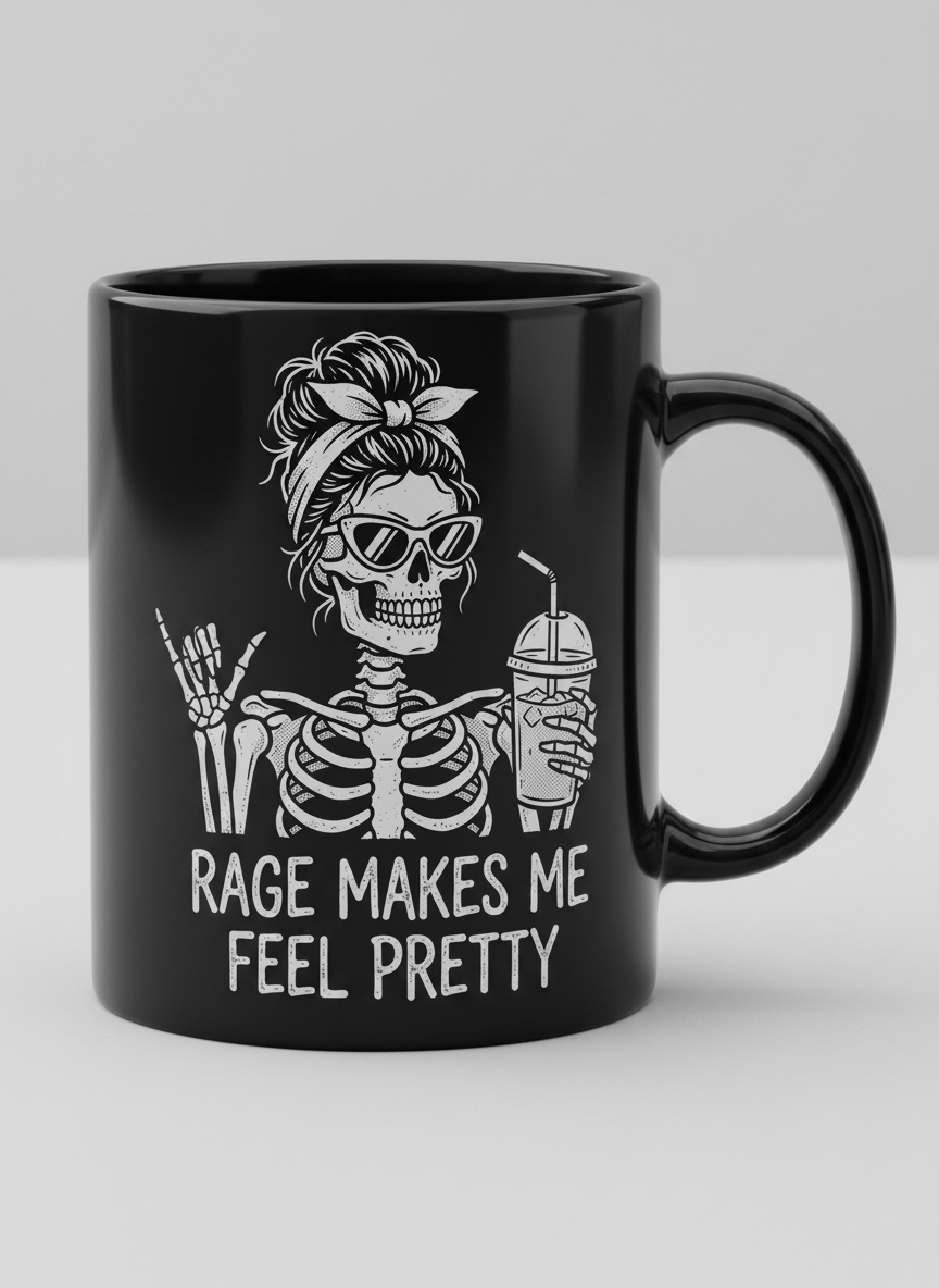 Rage Makes Me Feel Pretty Skeleton Messy Bun Black Mug - Black