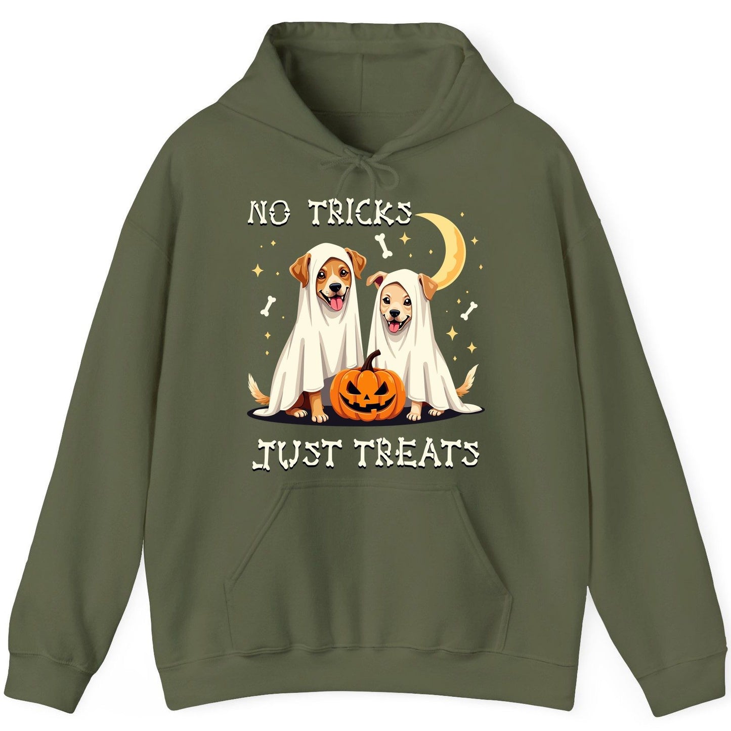 No Tricks Just Treats Halloween dogs Hoodie Military Green product mockup
