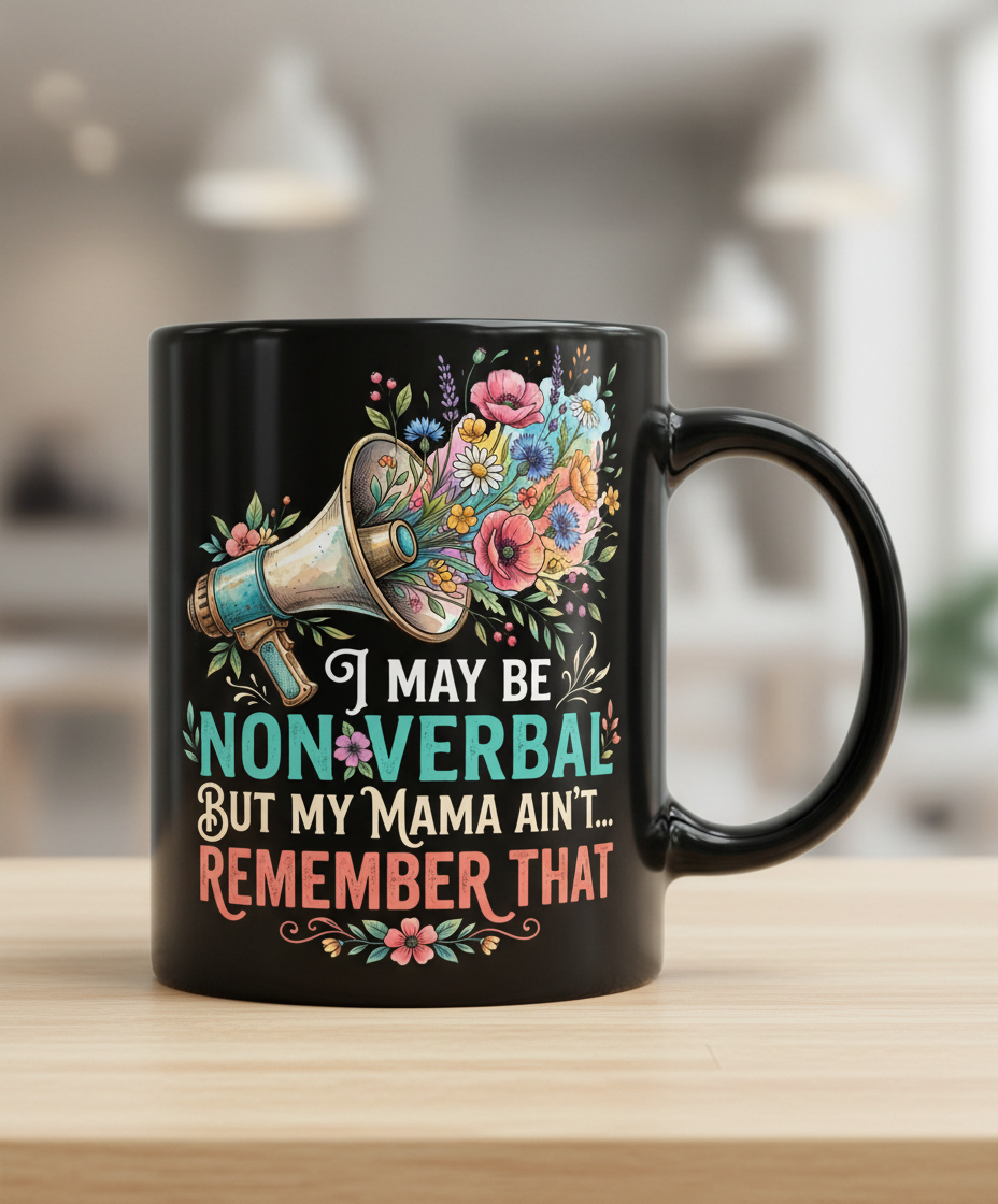 I May Be Non-Verbal But My Mama Ain't Floral Megaphone Black Mug - Black