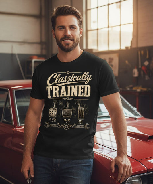 Classically Trained Retro Manual Transmission T-Shirt - lifestyle model mockup - Black