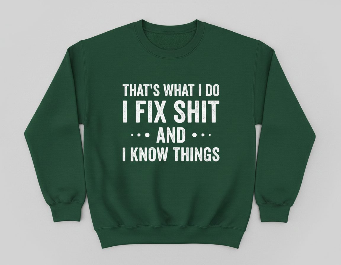 THAT'S WHAT I DO I FIX SHIT AND I KNOW THINGS Sweatshirt - product mockup - Forest Green