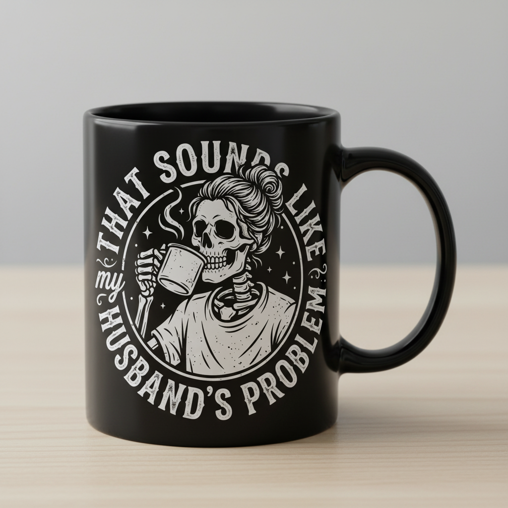 Skeleton Wife Drinking Coffee 'Husband's Problem' Design Black Mug - Black