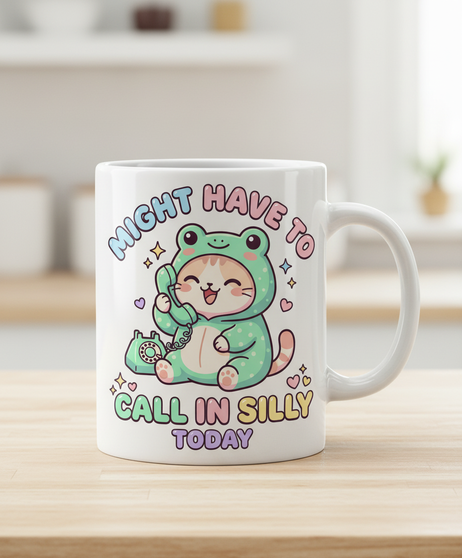 Kawaii Cat in Frog Costume Might Have To Call In Silly Today White Mug - White