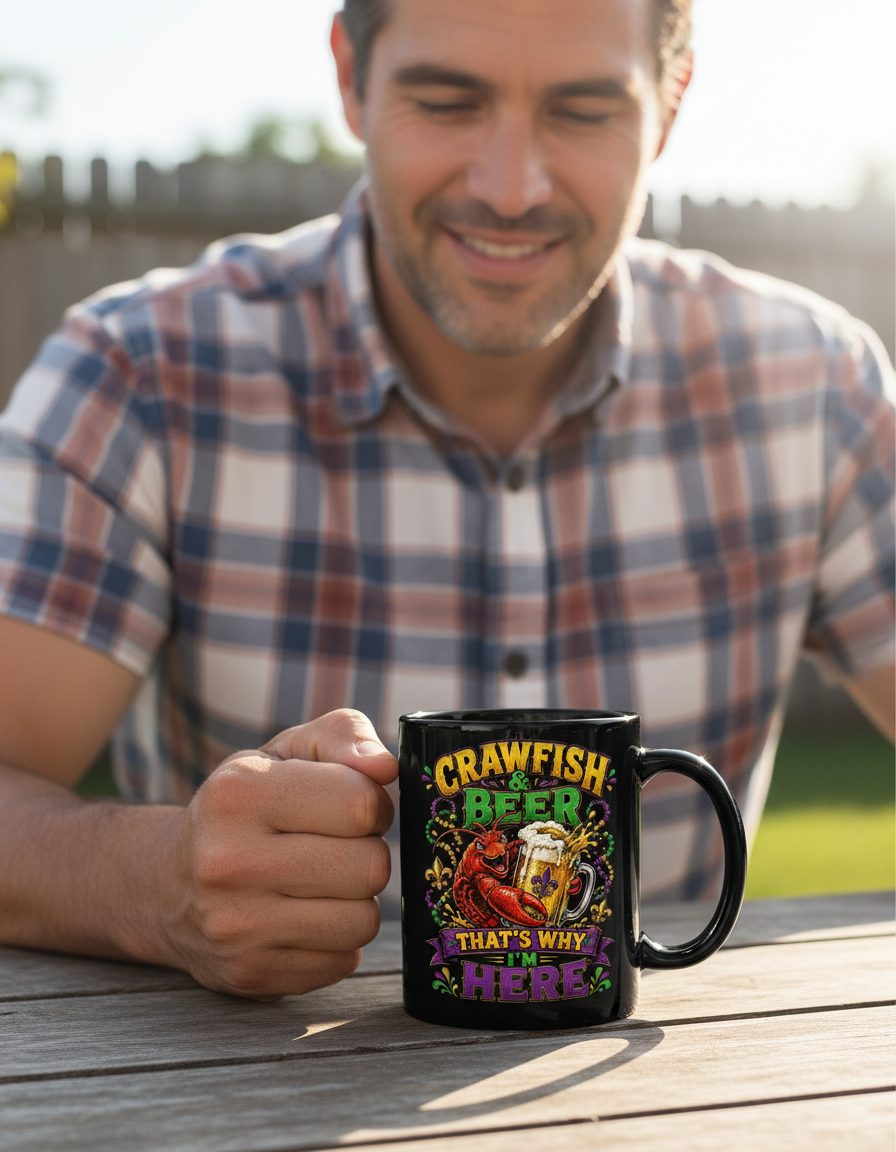 Crawfish & Beer That's Why I'm Here Funny Boil Black Mug - lifestyle model mockup - Black