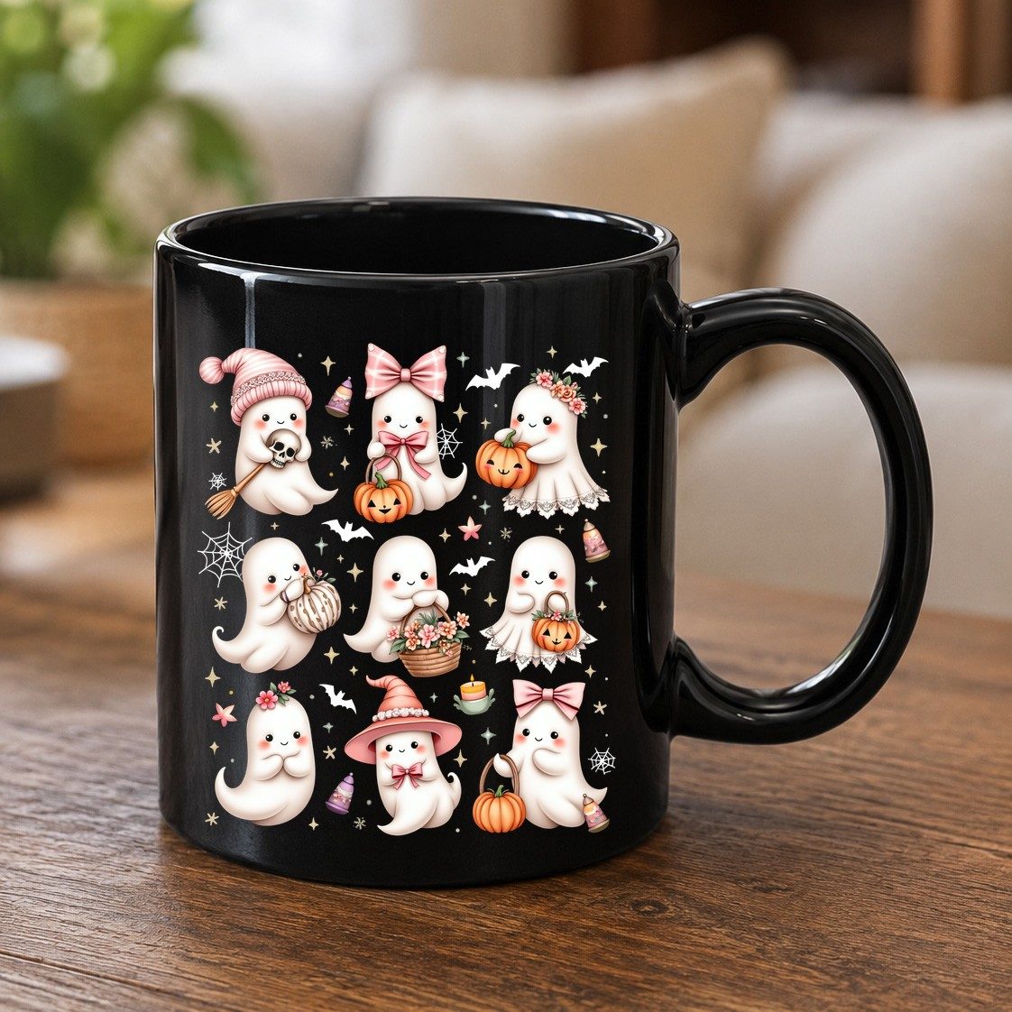 Cute Pink Halloween Ghosts cute Halloween ghosts Black Mug Black product mockup