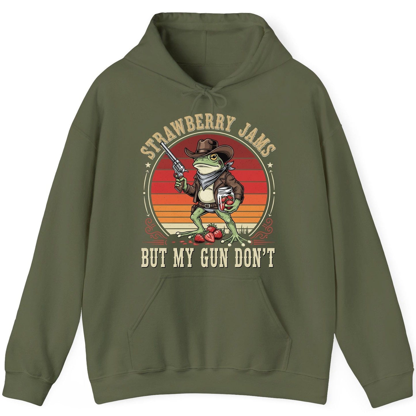 Strawberry Jams but My Gun Don't cowboy frog Hoodie Military Green product mockup
