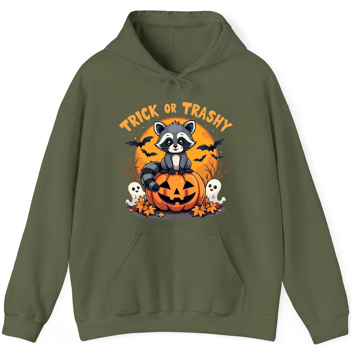 Trick or Trashy raccoon Hoodie Military Green product mockup