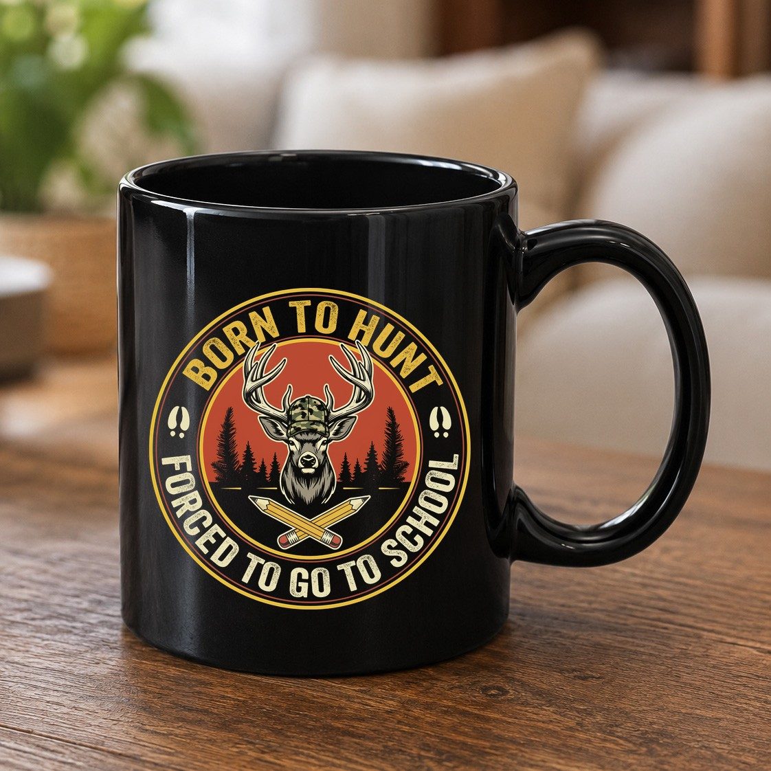 Born to Hunt Forced to Go to School hunting Black Mug Black product mockup