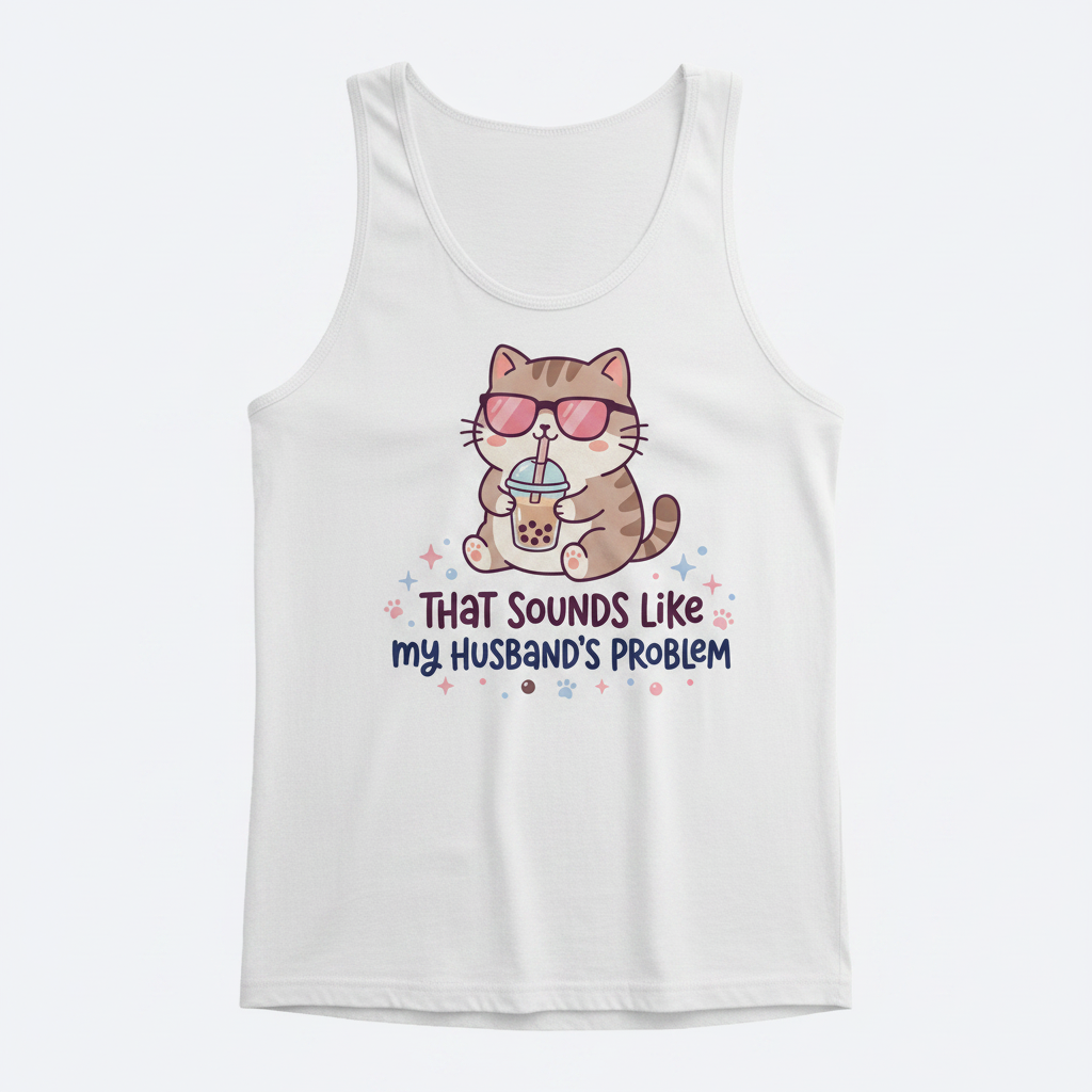 That Sounds Like My Husband's Problem Cat with Boba Tea Tank Top - White