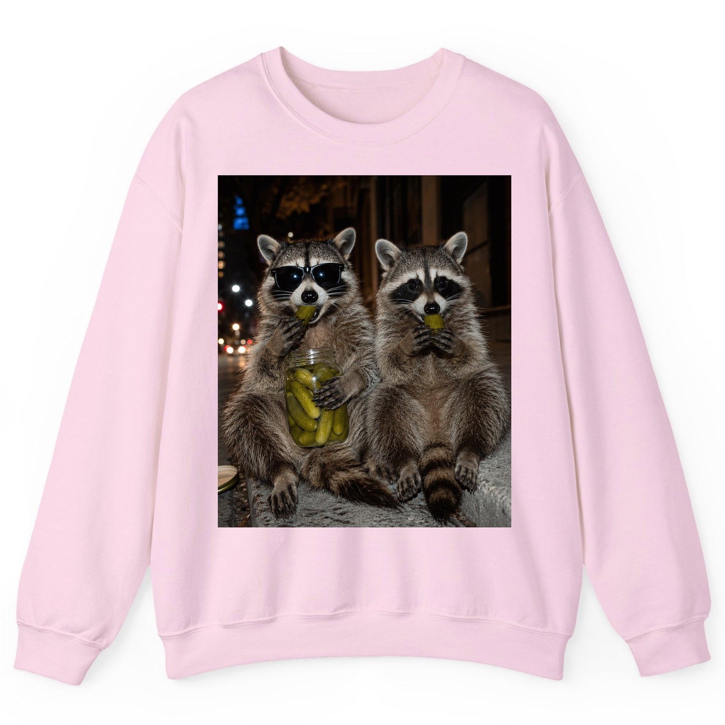 Raccoons Eating Pickles Funny Animal Lovers Sweatshirt - product mockup - Light Pink