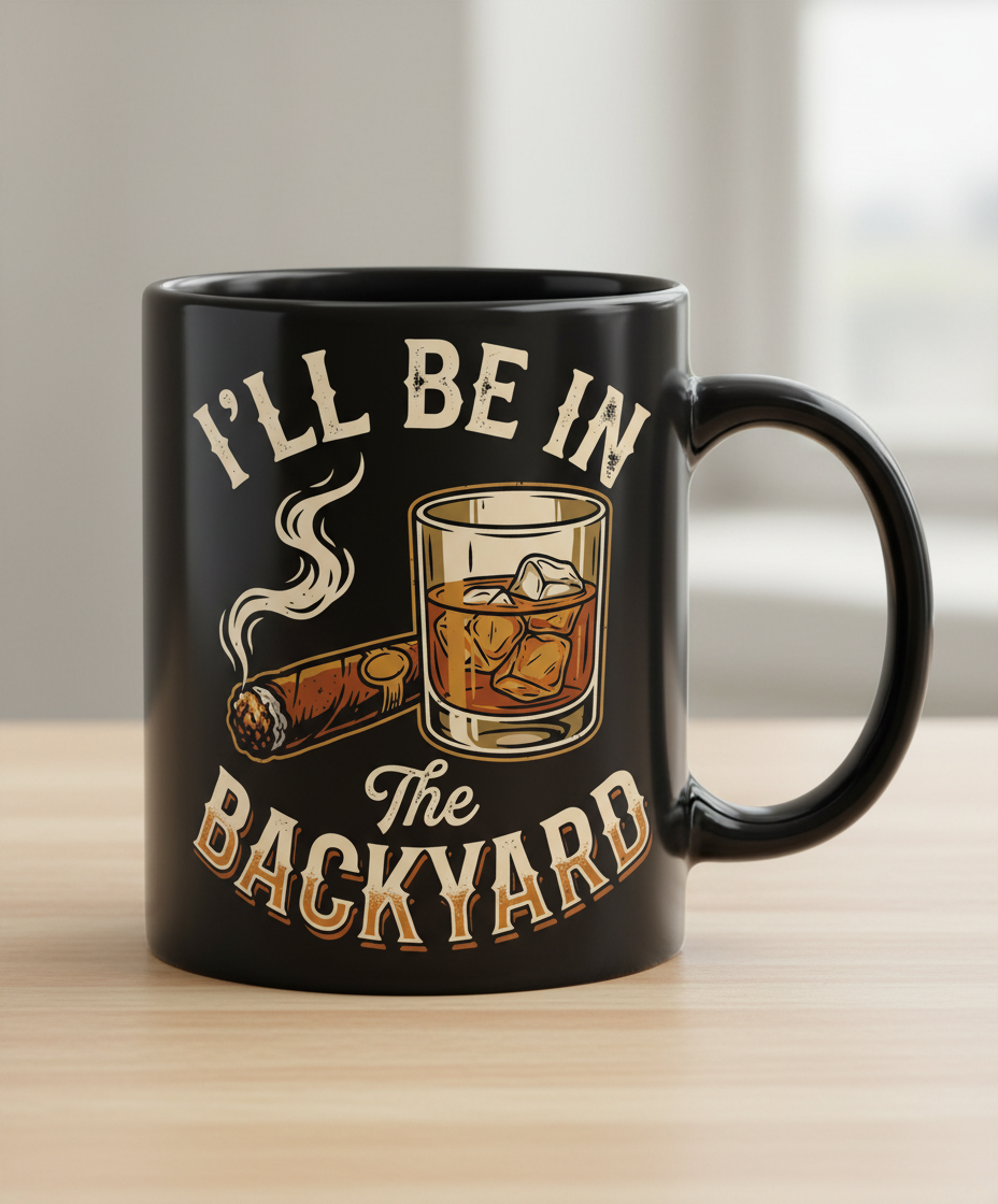 I'll Be In The Backyard Whiskey and Cigar Vintage Design Black Mug - Black