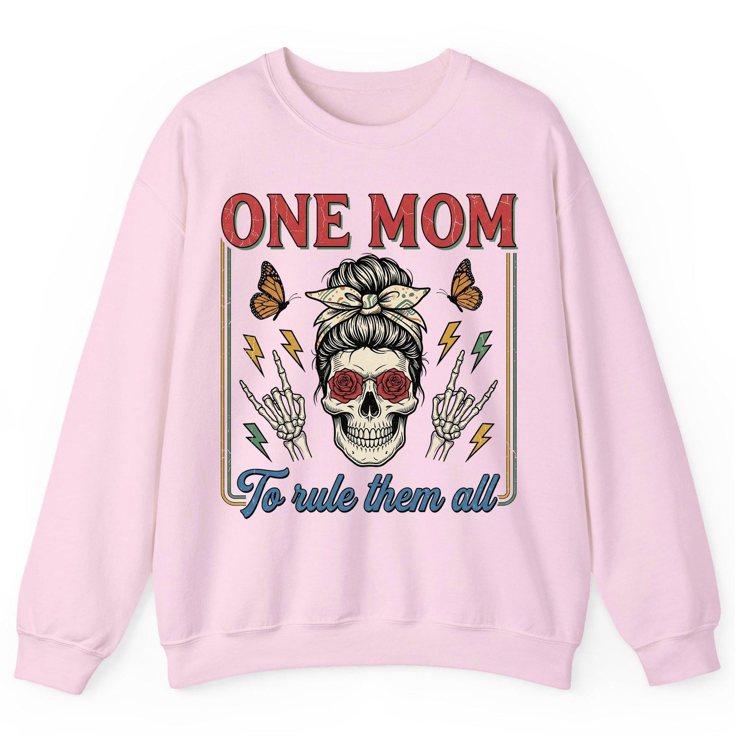 ONE MOM to Rule Them All Funny Skull Sweatshirt - product mockup - Light Pink