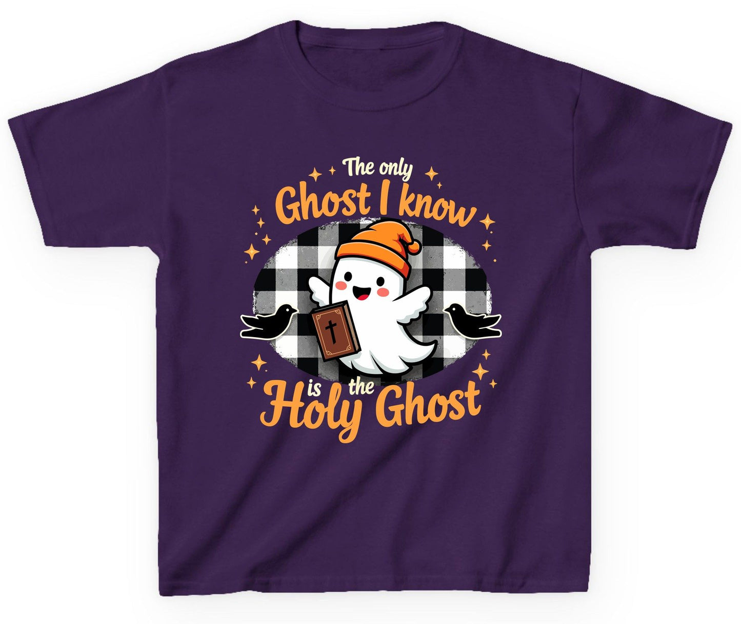 The Only Ghost I Know Is the Holy Ghost christian Halloween Youth T-Shirt Purple product mockup