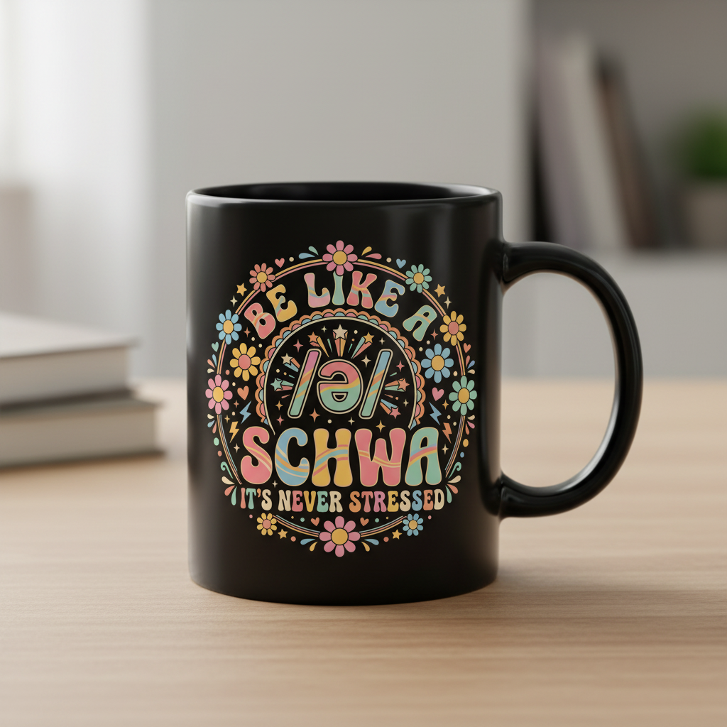 Retro Groovy Schwa Linguistics Pun Design Black Mug - Black
