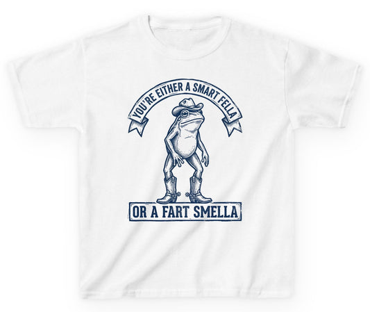 You're Either a Smart Fella or a Fart Smella cowboy frog Youth T-Shirt White product mockup