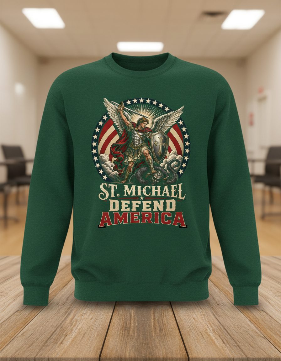 St Michael Defend America Patriotic Christian Sweatshirt - product mockup - Forest Green