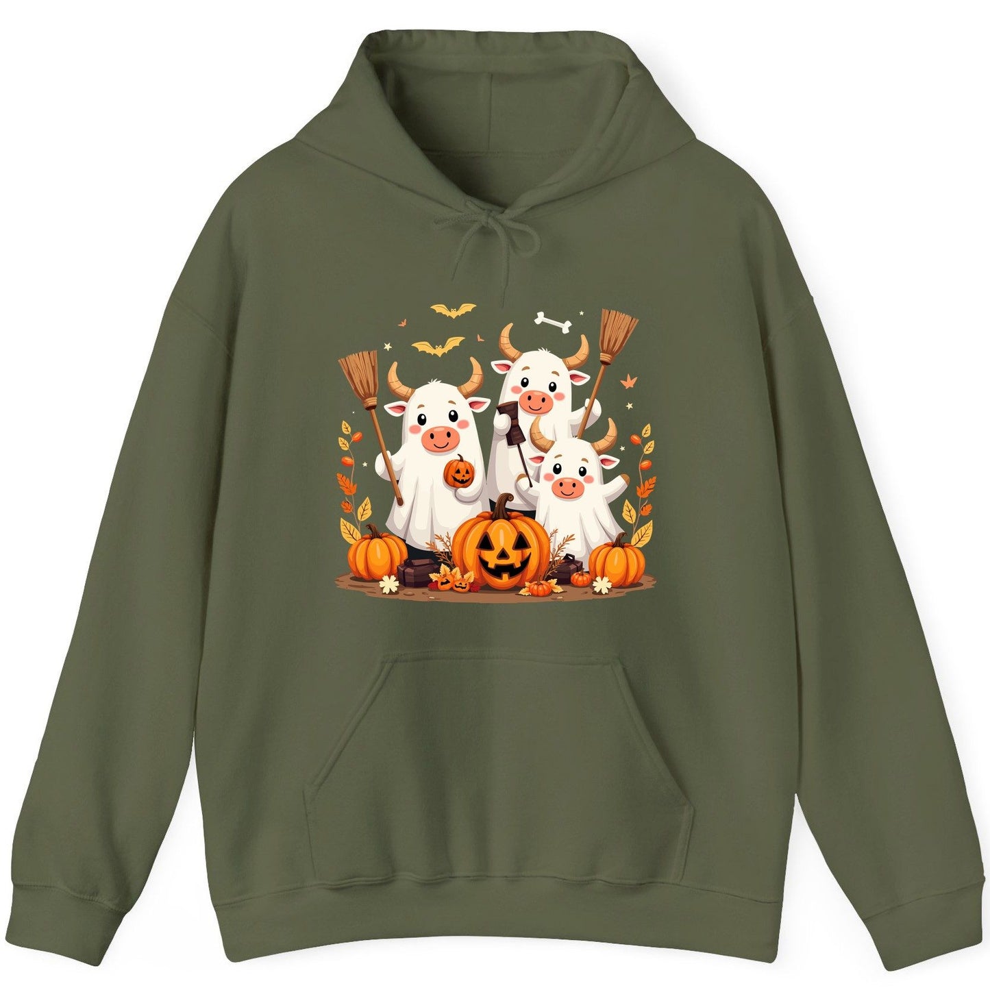 Cute Ghost Cows Halloween cows Hoodie Military Green product mockup