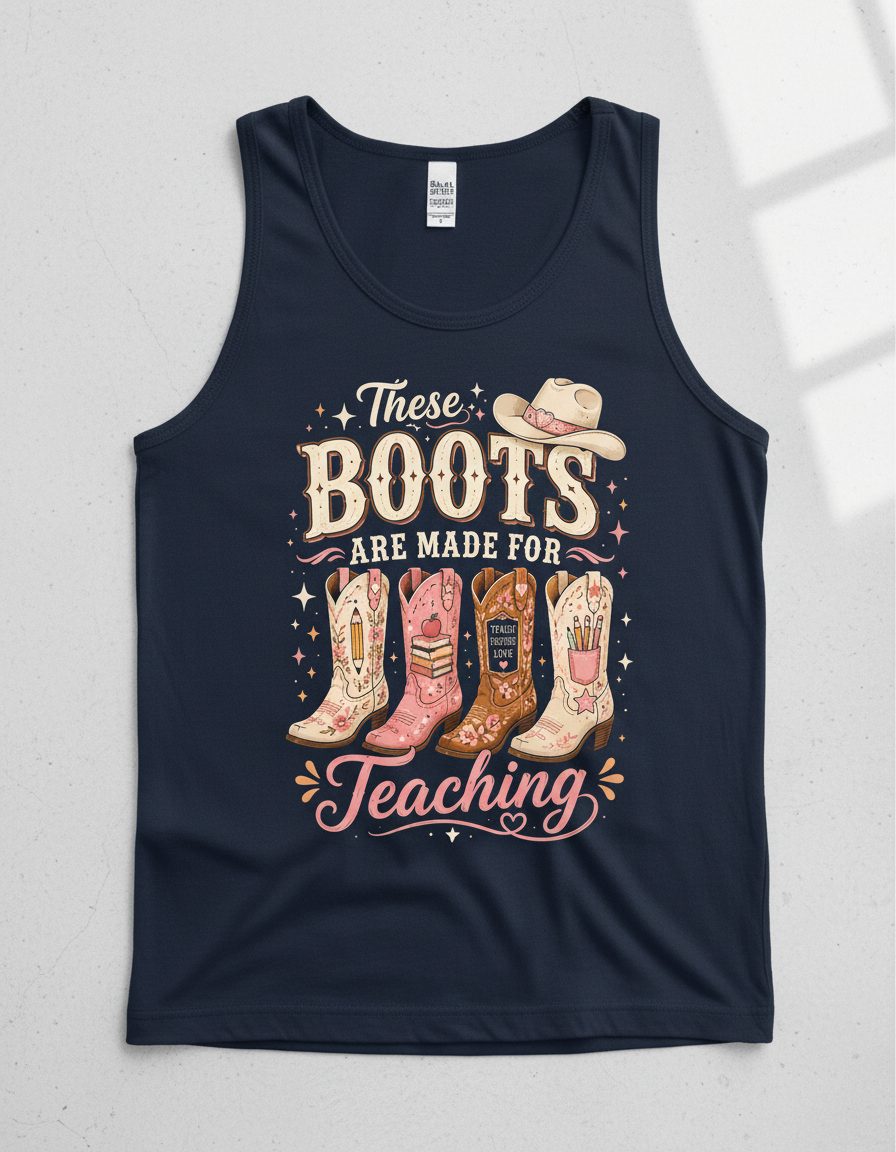 These Boots Are Made for Teaching Teacher Tank Top - product mockup - Navy