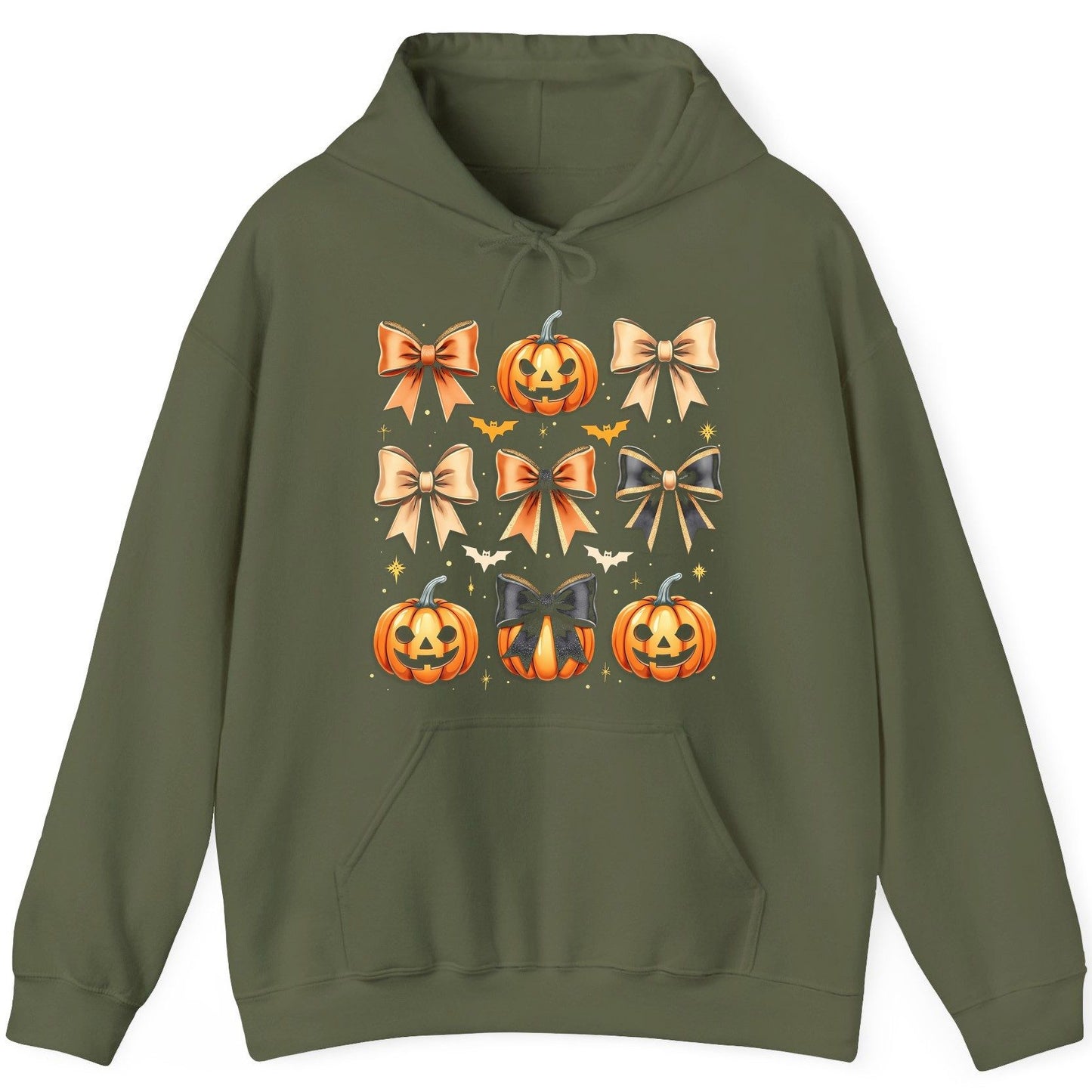 Cute Halloween Pumpkins and Bows Halloween Hoodie Military Green product mockup