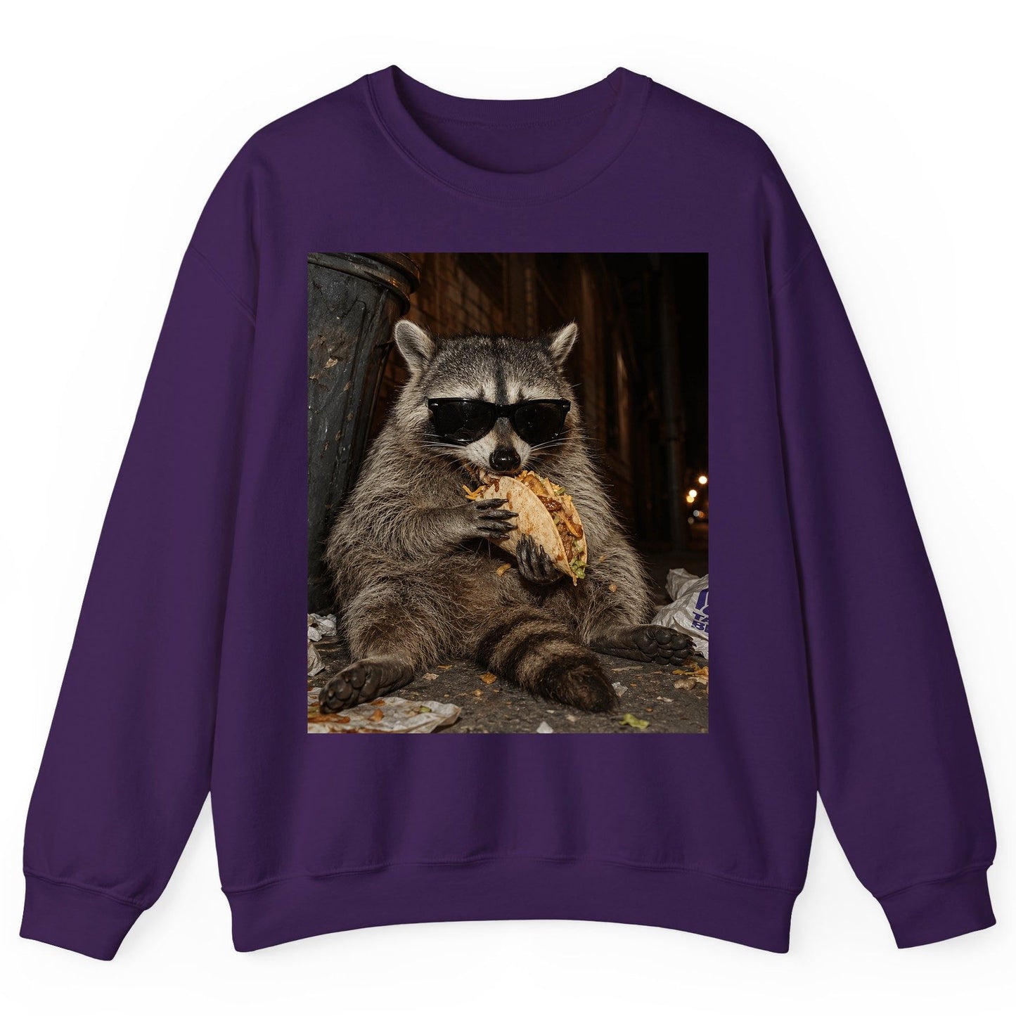 Raccoon Eating Taco Funny Animal Lovers Sweatshirt - product mockup - Purple